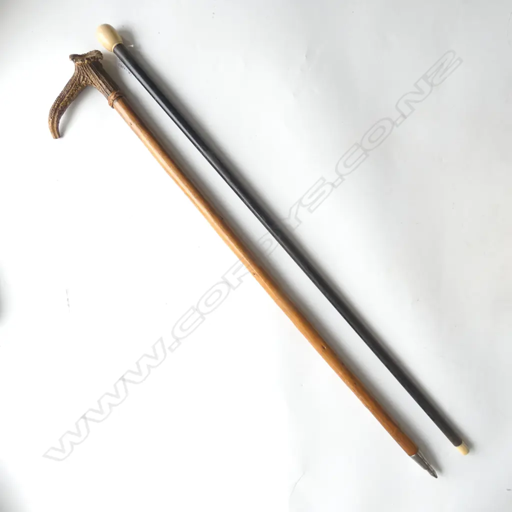 TWO VINTAGE WALKING STICKS, DEER ANTLER TOPPED & IVORY KNOB Image 1++