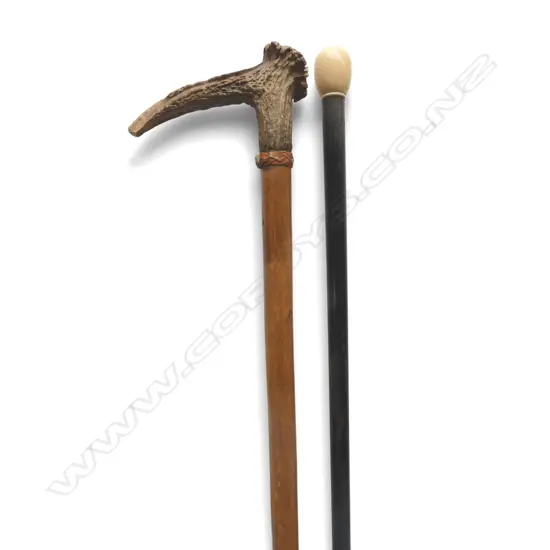 TWO VINTAGE WALKING STICKS, DEER ANTLER TOPPED & IVORY KNOB