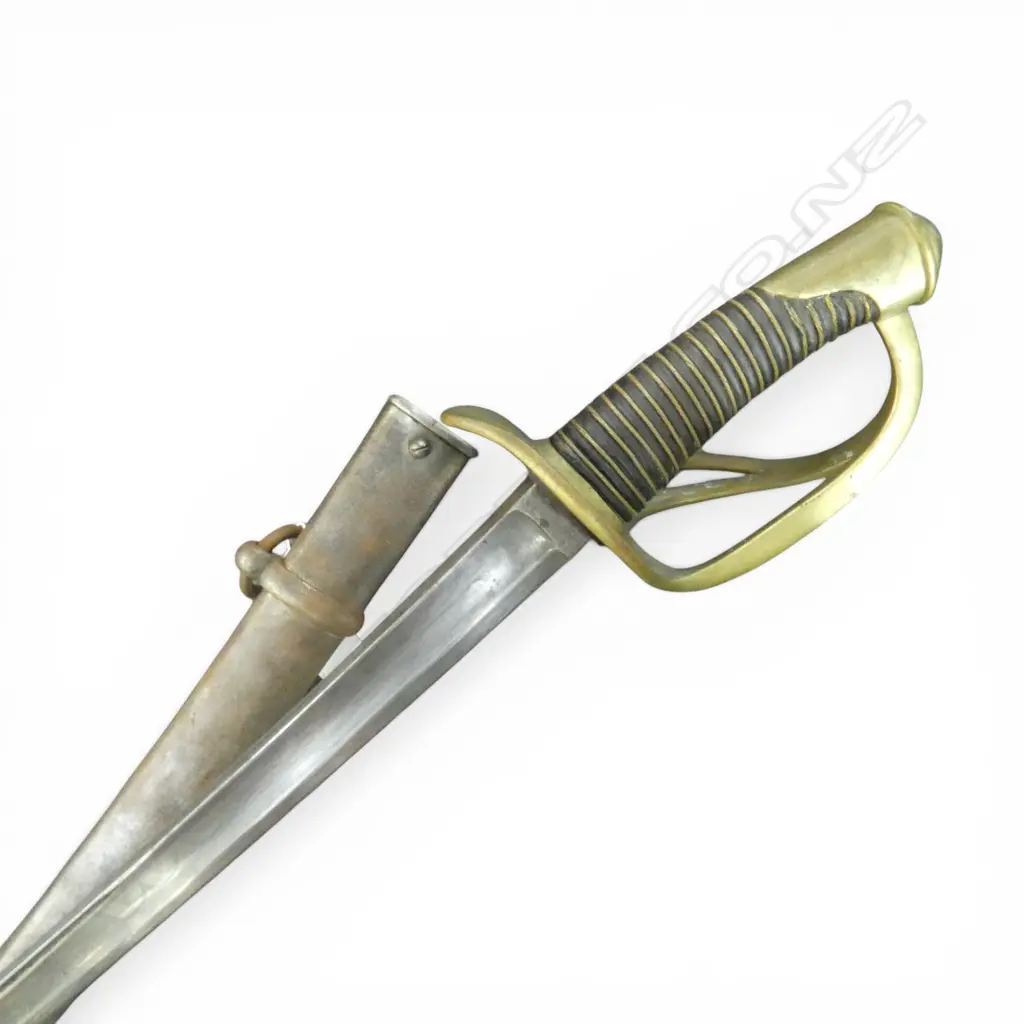19thC FBR. WEYERSBERG SOLINGEN FRENCH CAVALRY SWORD 1131 with brass 3 bar hilt, in scabbard L.1110mm Image 1++