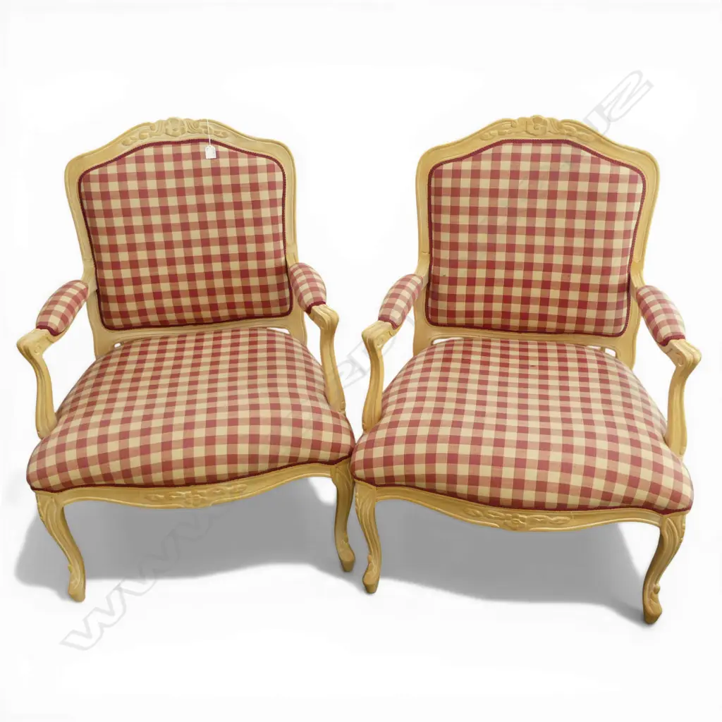 PR FRENCH STYLE LOUIS ARMCHAIRS IN GINGHAM UPHOLSTERY Image 1++