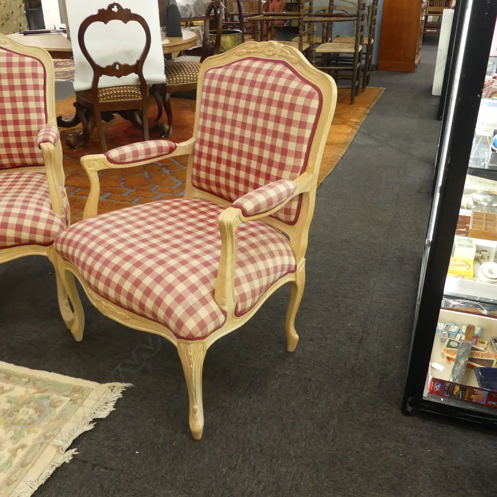 PR FRENCH STYLE LOUIS ARMCHAIRS IN GINGHAM UPHOLSTERY Image 1++