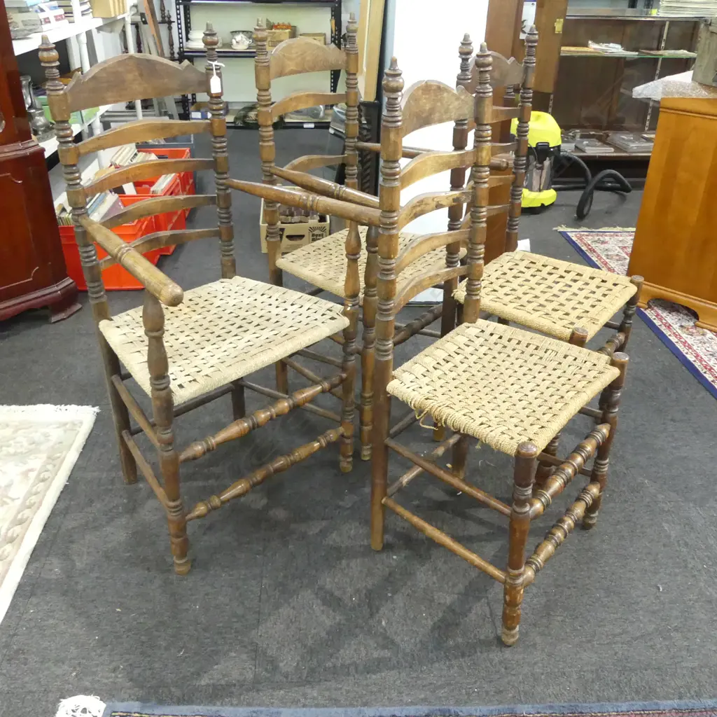 4 LADDER BACK CHAIRS w. WOVEN CANE SEATS (2 ARE CARVERS) Image 1++