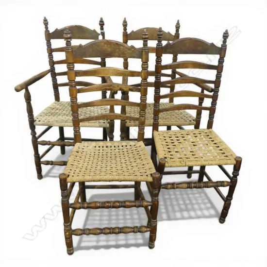 4 LADDER BACK CHAIRS w. WOVEN CANE SEATS (2 ARE CARVERS)