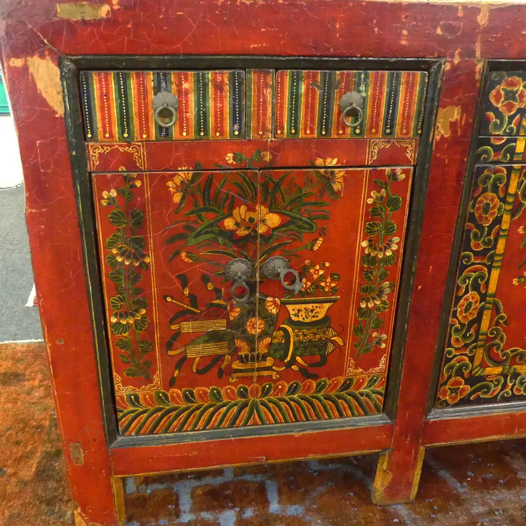 An old Tibetan red lacquer long sideboard, Image 1++