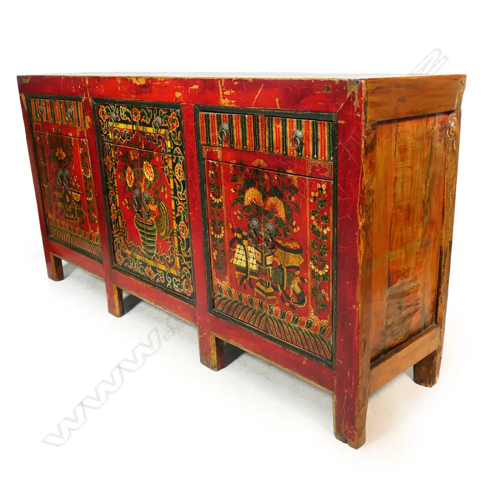 An old Tibetan red lacquer long sideboard, Image 1++