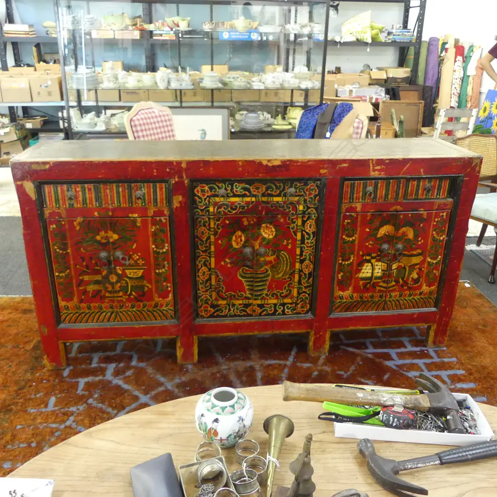 OLD TIBETAN RED LACQUER LONG SIDEBOARD with cane detail Image 1++