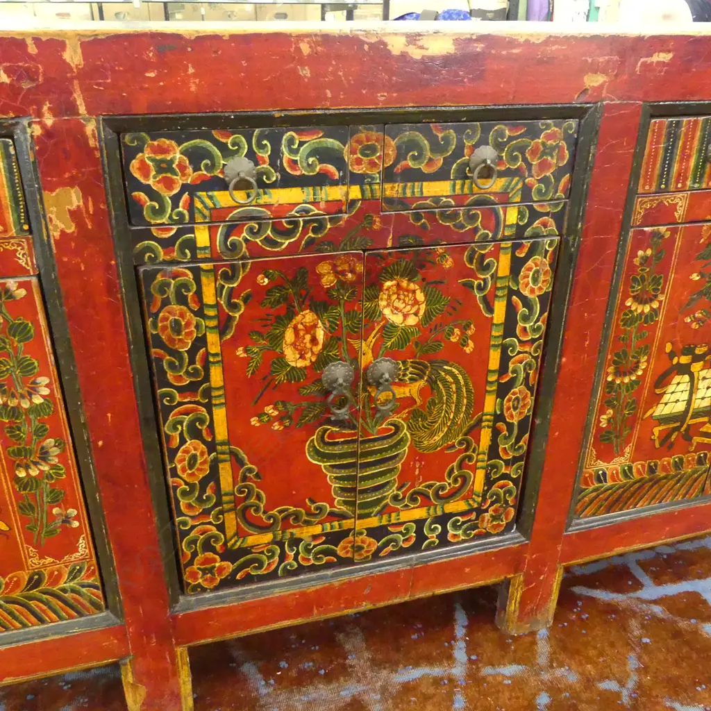 An old Tibetan red lacquer long sideboard, Image 1++