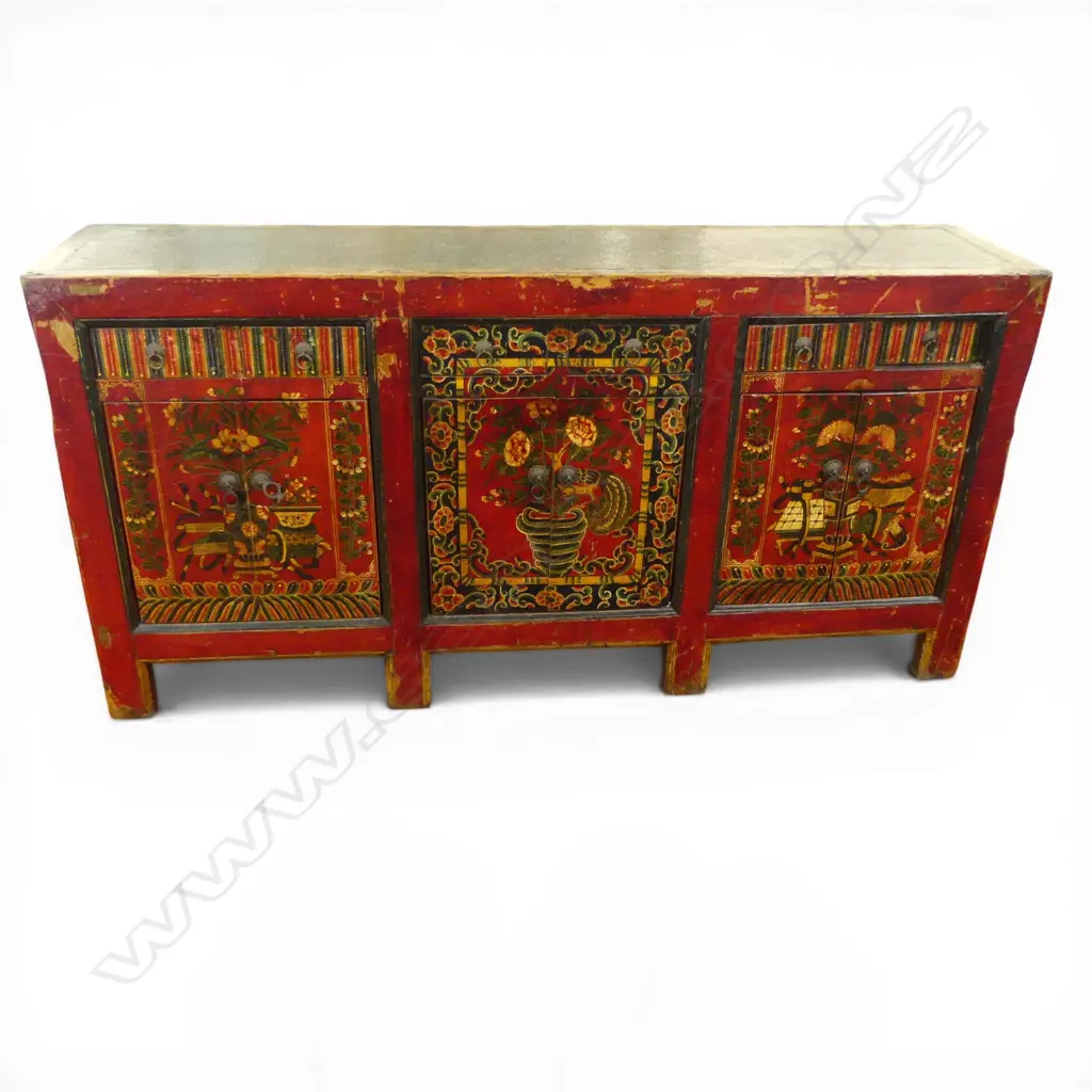 OLD TIBETAN RED LACQUER LONG SIDEBOARD with cane detail Image 1++