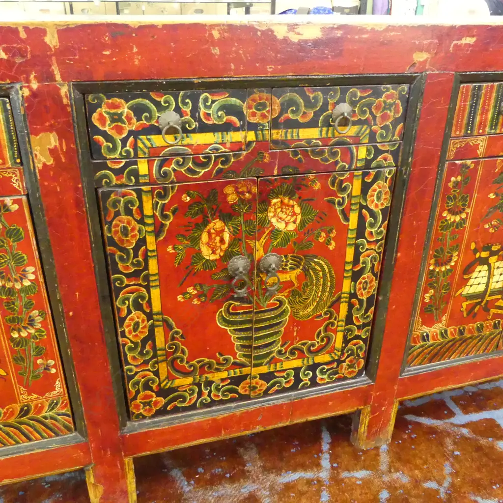 OLD TIBETAN RED LACQUER LONG SIDEBOARD with cane detail Image 1++