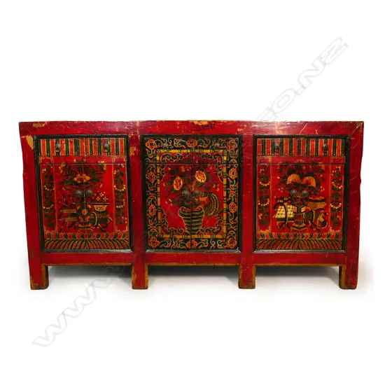 An old Tibetan red lacquer long sideboard,