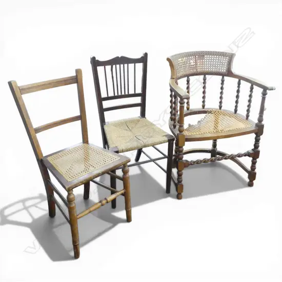 3 ANTIQUE CHAIRS, CANED SEATS; PR + 1 AF