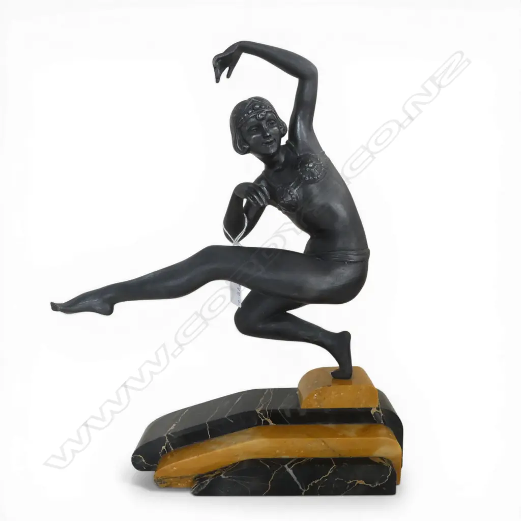 GEORGES ABEL VAN DE VOORDE (1888–1968), ART DECO DANCING FIGURE on multi-colour marble base, foot repaired H.350mm Image 1++