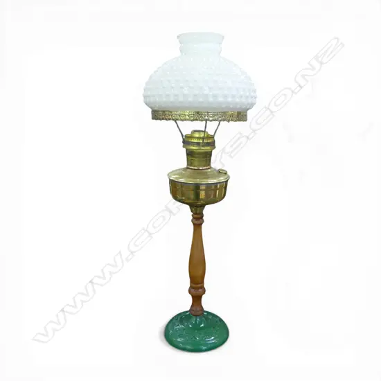 KEROSENE LAMP brass glass wood & cast iron base. H.770mm. no chimney