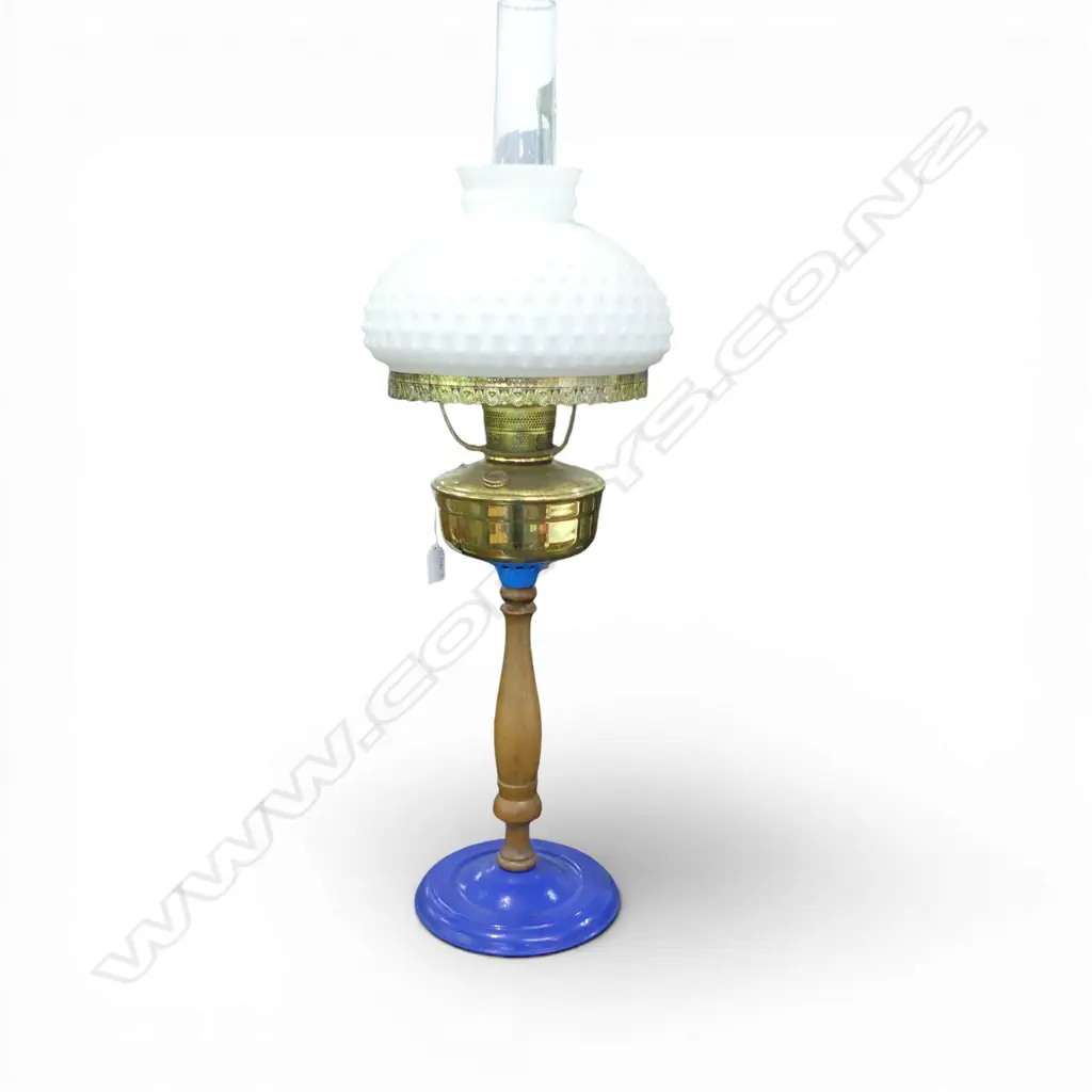 KEROSENE LAMP brass glass wood & cast iron base. H.830mm to top of chimney Image 1++