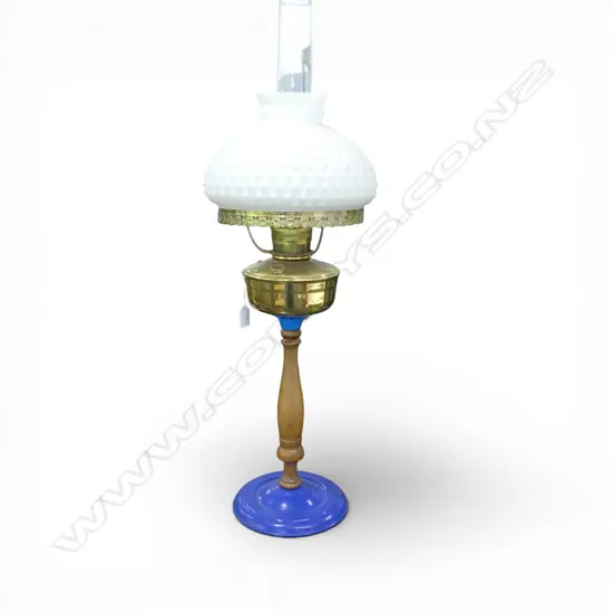 KEROSENE LAMP brass glass wood & cast iron base. H.830mm to top of chimney