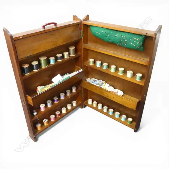 FOLDING SEWING CABINET, with contents, one leg fault 475x120x740mm