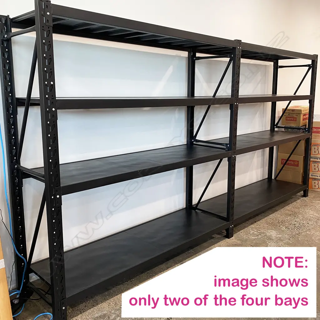 4 CONNECTED BAYS OF BLACK METAL SHELVING: Each bay with four shelves. 5 uprights. 34 shelf supports & 34 shelf sections. Image 1++