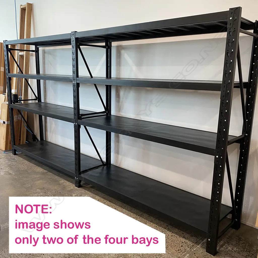 4 CONNECTED BAYS OF BLACK METAL SHELVING: Each bay with four shelves. 5 uprights. 34 shelf supports & 34 shelf sections. Image 1++
