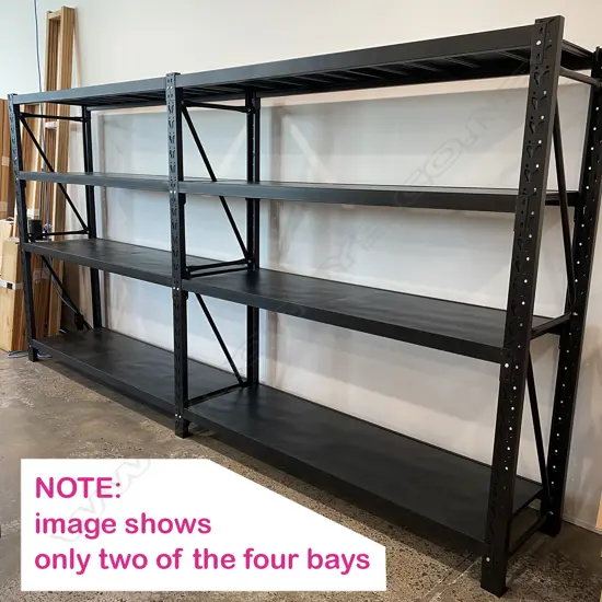 4 CONNECTED BAYS OF BLACK METAL SHELVING: Each bay with four shelves. 5 uprights. 34 shelf supports & 34 shelf sections.