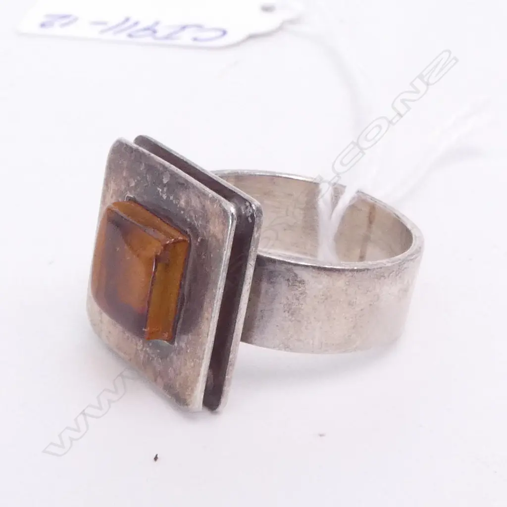 RETRO SILVER & AMBER toned gemstone RING square top panel size O Image 1++