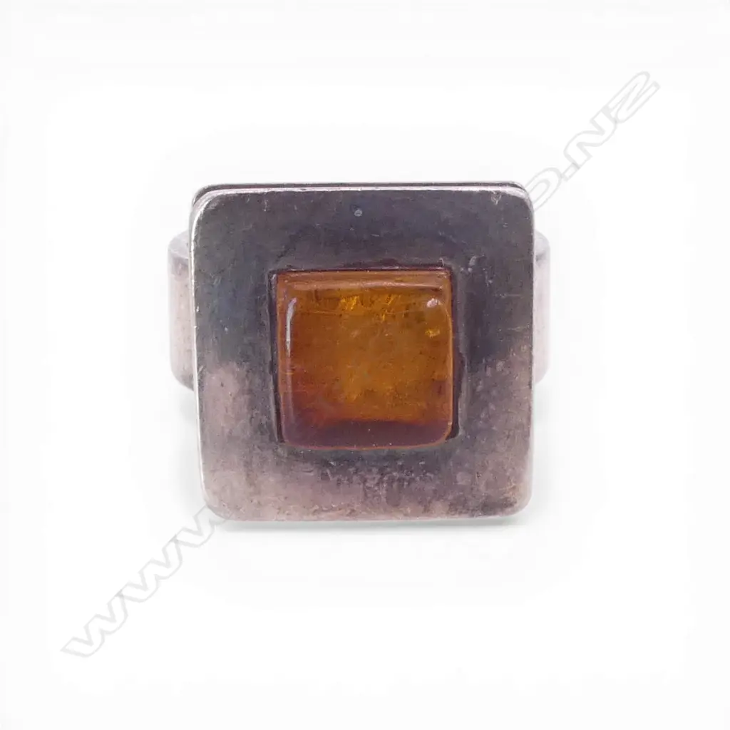 RETRO SILVER & AMBER toned gemstone RING square top panel size O Image 1++