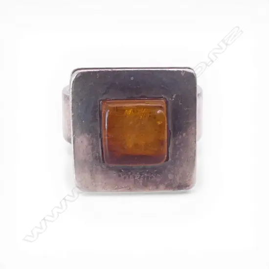 RETRO SILVER & AMBER toned gemstone RING square top panel size O