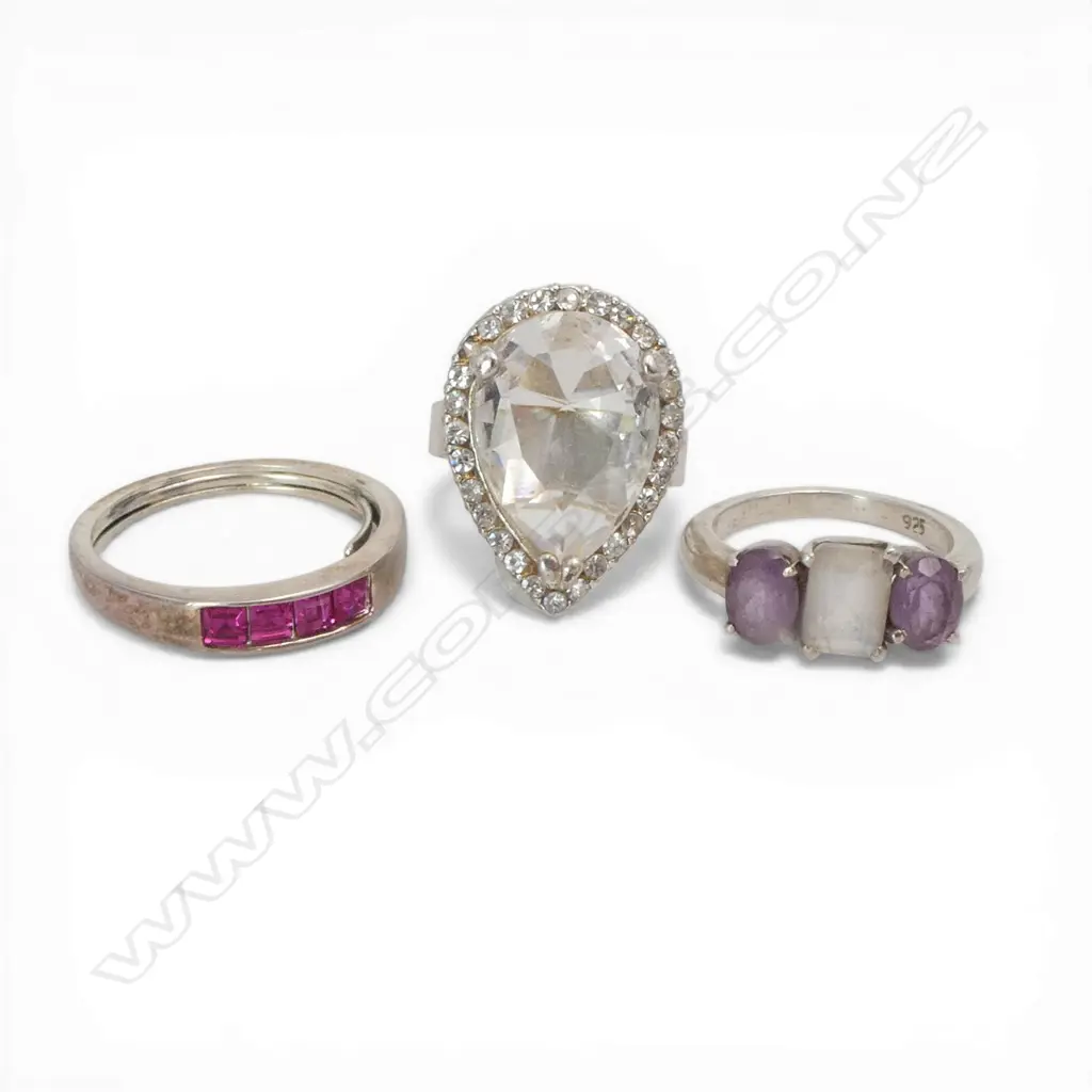 2 SILVER GEM SET RINGS + another plated SIZE O,R,Y Image 1++