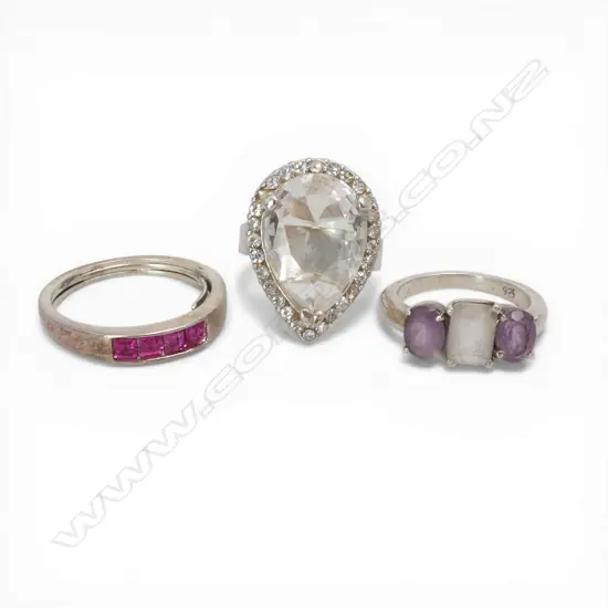 2 SILVER GEM SET RINGS + another plated SIZE O,R,Y