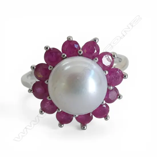 SILVER RUBY AND PEARL RING size R 1/2