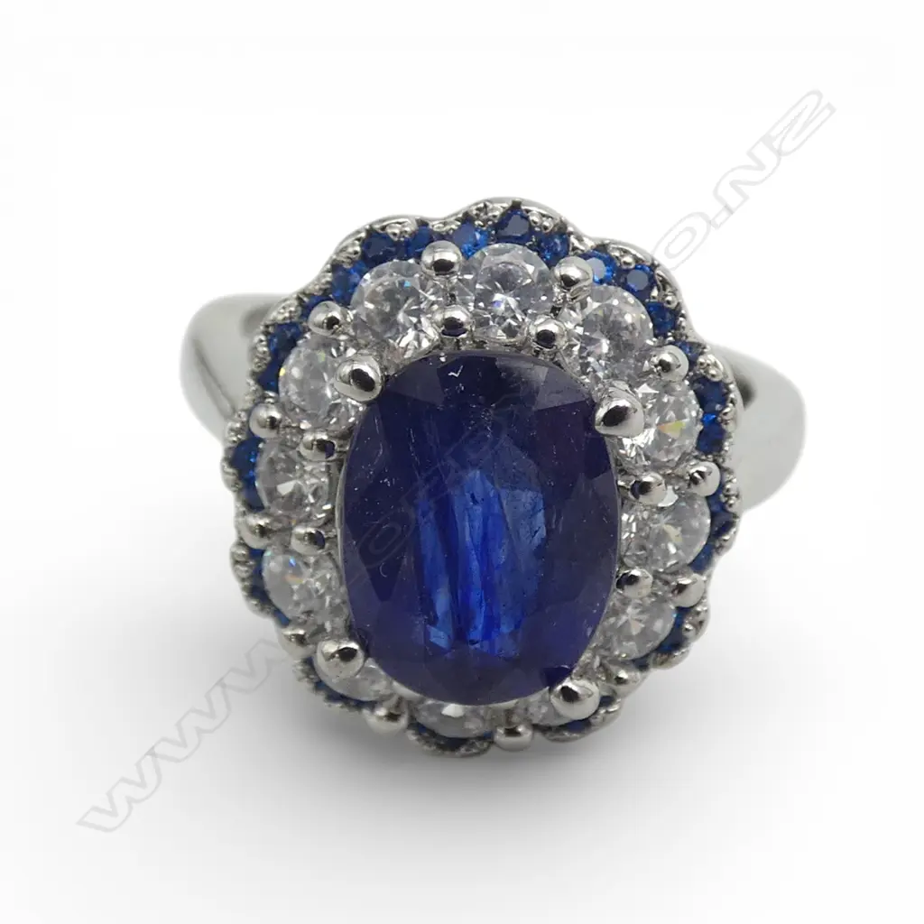 SAPPHIRE & CZ RING  in plated mount, STONE=AIG CERT, stone heat treated, enhanced w lead glass & colour, adjustable size Image 1++
