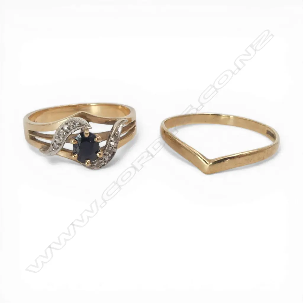 2 9ct GOLD RINGS. 1 with SAPPHIRE & DIAMONDS the other the FITTED COMPANION RING. 3.8gms  SIZE M1/2, & Q Image 1++
