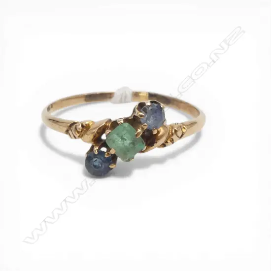 VINTAGE 14ct y/g SAPPHIRE & EMERALD RING 1.82gms faults to claws/stones size T