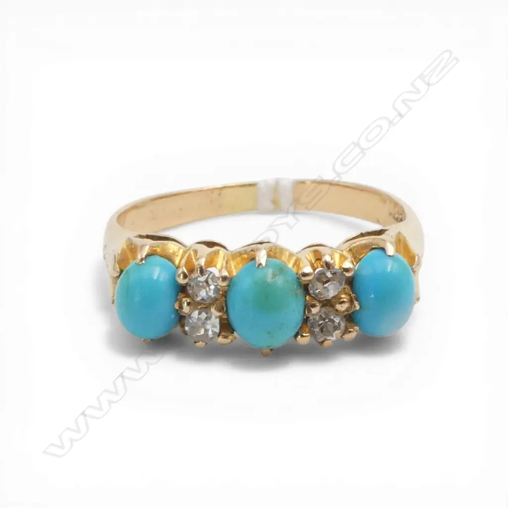 18CT GOLD DIAMOND AND TURQUOISE BRIDGE RING 3.52gms SIZE N Image 1++