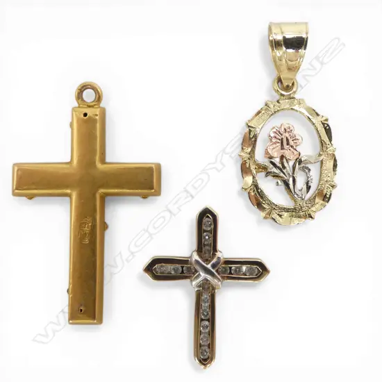 14ct FLOWER PENDANT, 10ct DIAMOND CROSS & 9ct CROSS PENDANT