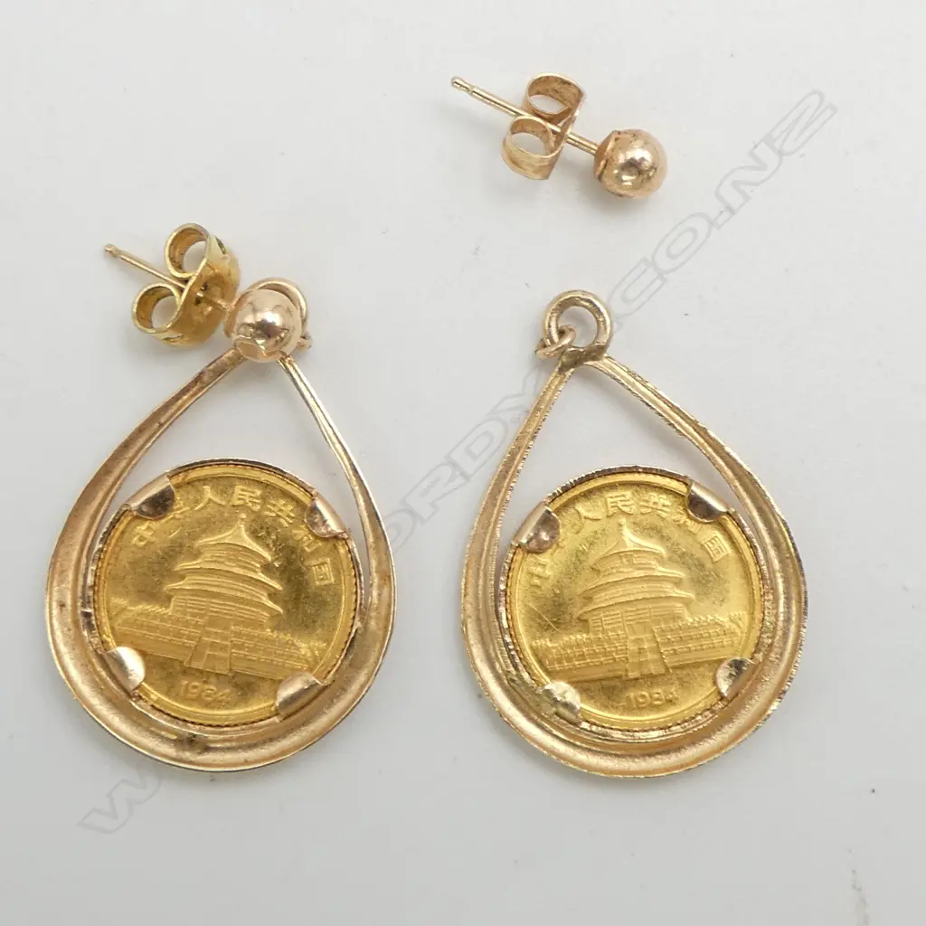 PR .999 GOLD 1/20thOZ CHINESE PANDA COIN EARRINGS in 14ct GOLD BEZEL, 1 faulted, total weight 5.59gm Image 1++