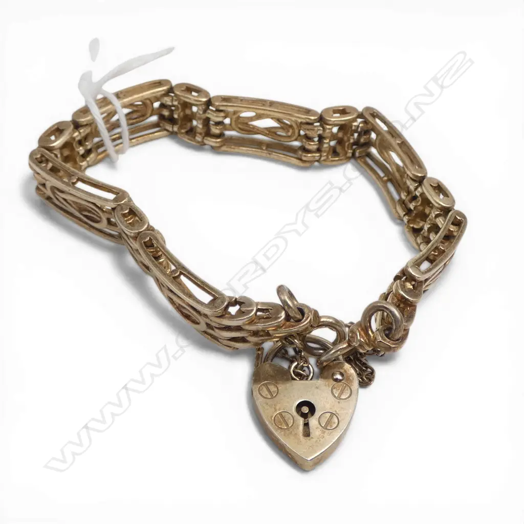 SILVER GILT GATE LINK BRACELET fancy link heart padlock clasp 22.5gms Image 1++