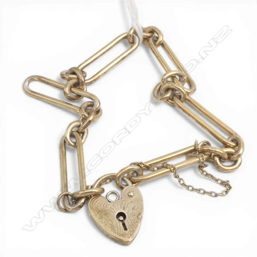 GOLD PLATED SILVER BRACELET rail links w heart padlock clasp 15gms Image 1++