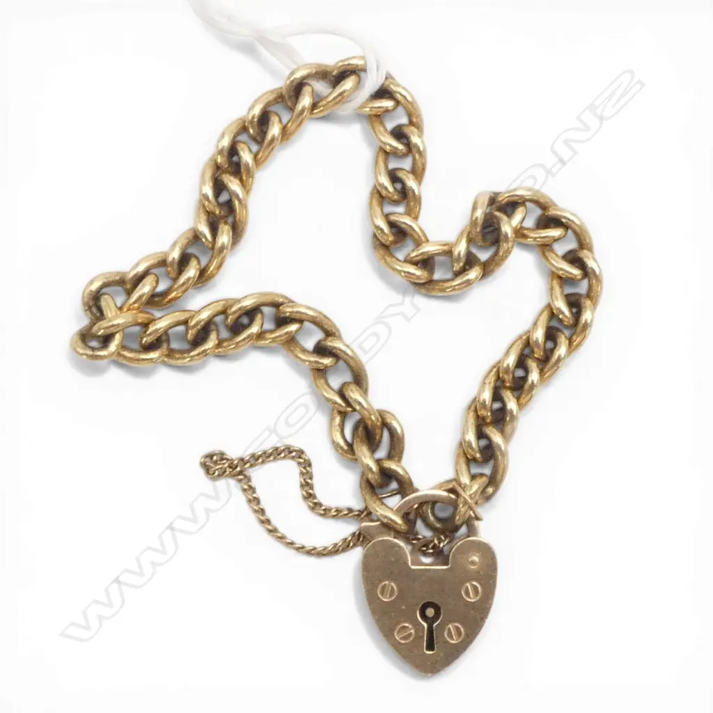 9ct GOLD CURB LINK BRACELET padlock clasp 14gms Image 1++