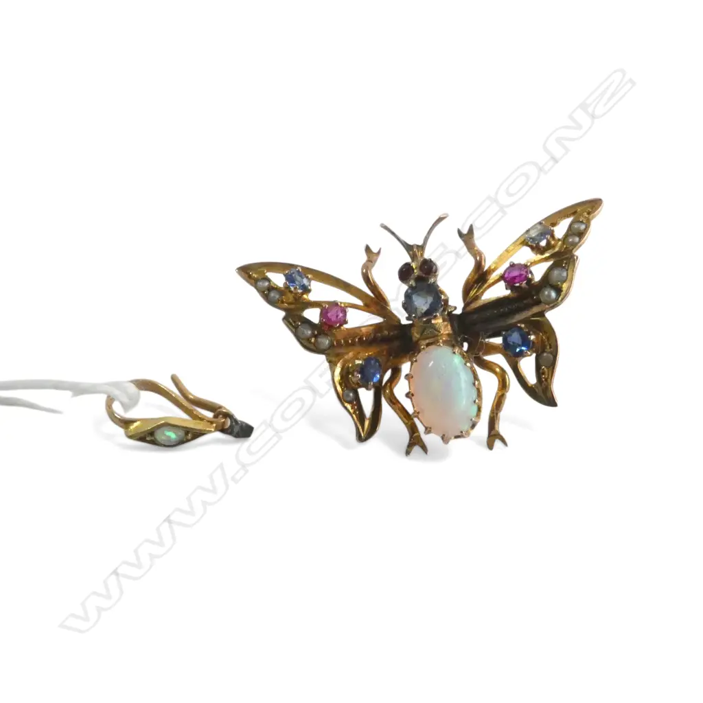 9ct OPAL & GEMSTONE BUTTERFLY CLIP w pendant attachment, 3.48gm, see 2nd photo for pronged back Image 1++