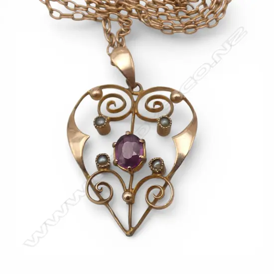 9CT EDWARDIAN AMYTHEST & SEED PEARL PENDANT NECKLACE 3.7gms
