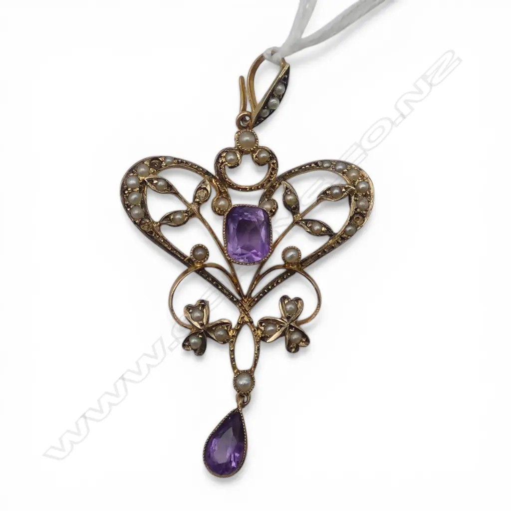 9CT EDWARDIAN AMETHYST & SEED PEARL PENDANT H.55mm 5.2gms (3 PEARLS MISSING) Image 1++