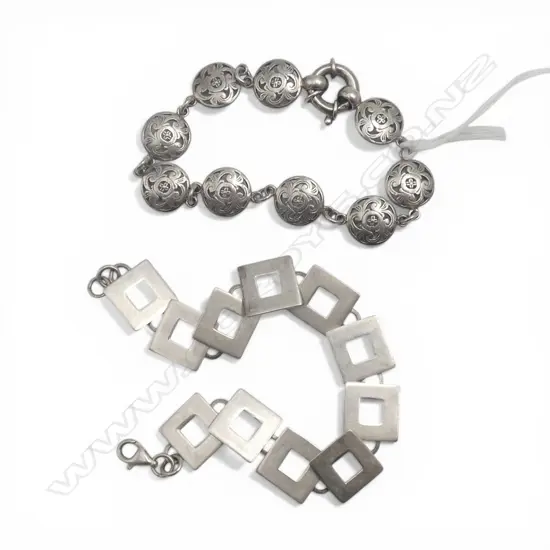 2 SILVER BRACELETS: SQUARE FLAT LINK + scroll pierced round links