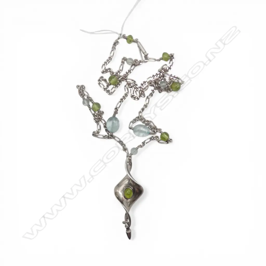 STG SILVER LONG NECKLACE with coloured natural stone beads & silver spiral drop Image 1++