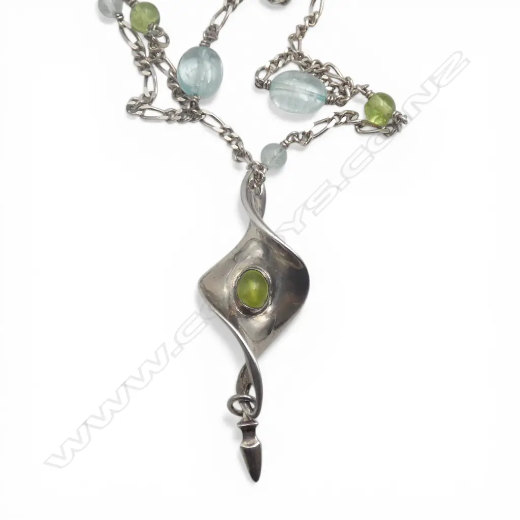 STG SILVER LONG NECKLACE with coloured natural stone beads & silver spiral drop Image 1++