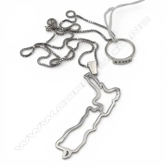 NZ SILVER OUTLINE MAP PENDANT on chain + SILVER 'AROHA' RING