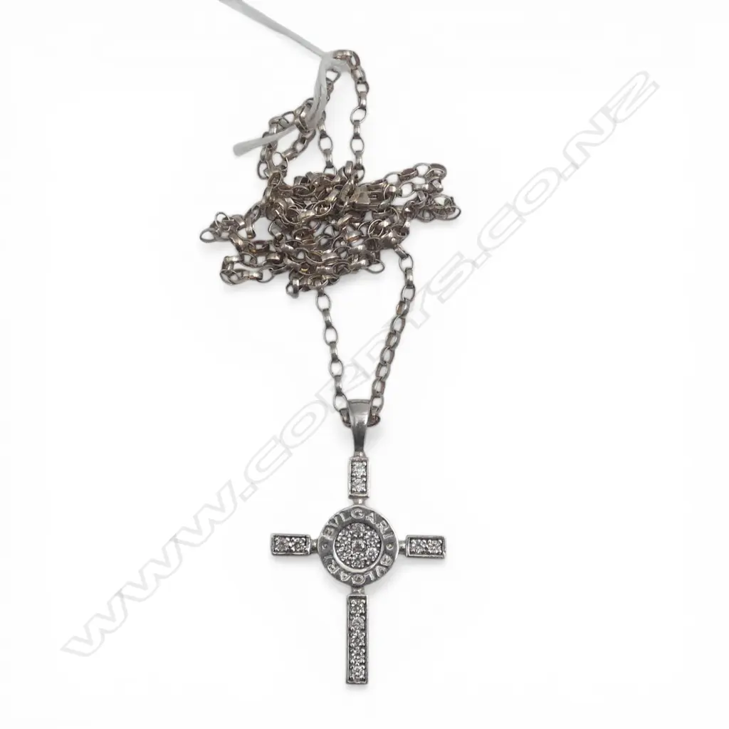 SILVER  & GEM (faux diamonds) CROSS PENDANT on long silver chain L.640mm Image 1++