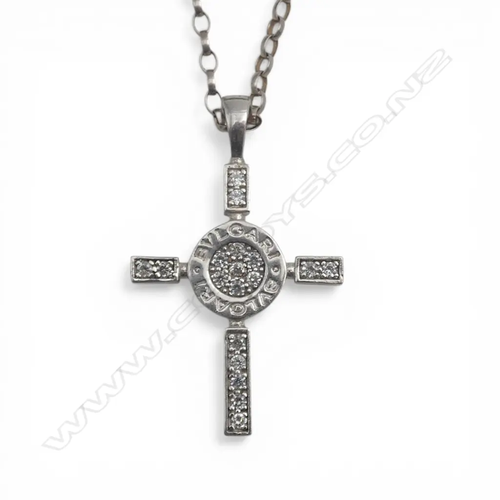 SILVER  & GEM (faux diamonds) CROSS PENDANT on long silver chain L.640mm Image 1++