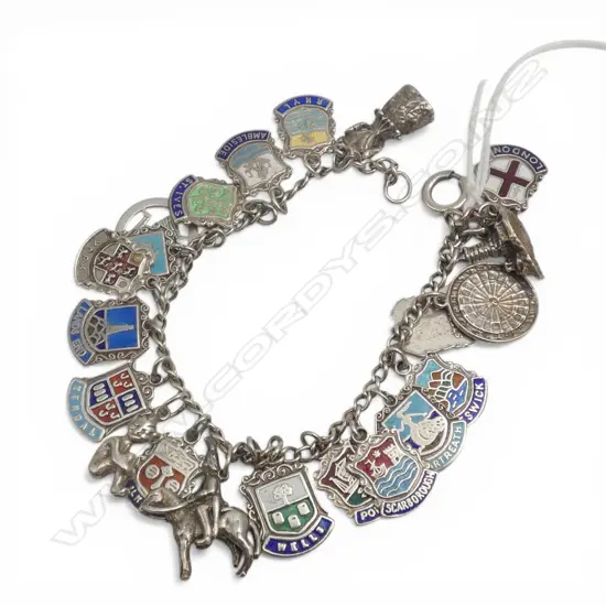 SILVER CHARM BRACELET many enamelled shield w English town names 41gms