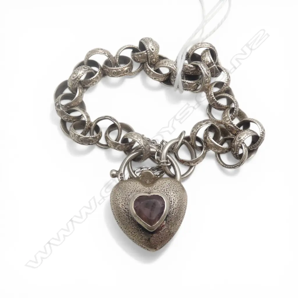 OLD SILVER decorative Belcher link BRACELET with gem set heart padlock clasp 19gms Image 1++