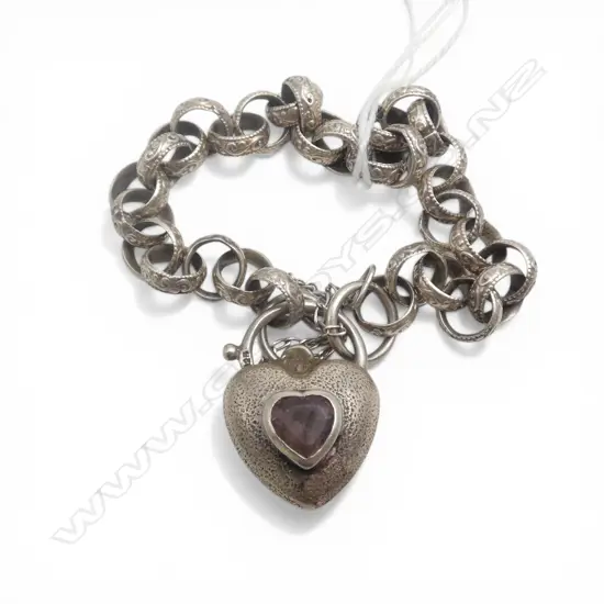 OLD SILVER decorative Belcher link BRACELET with gem set heart padlock clasp 19gms